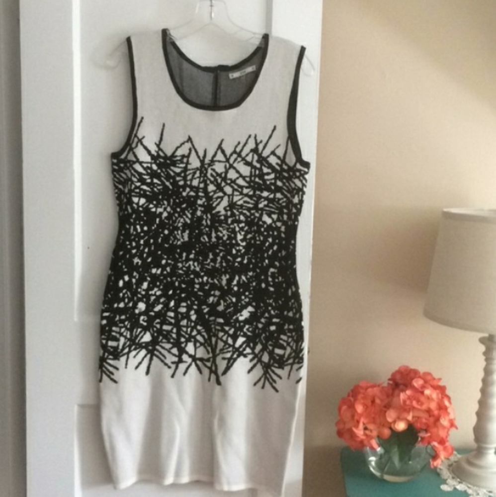 Sioni black cream knit artsy Knee Length dress L